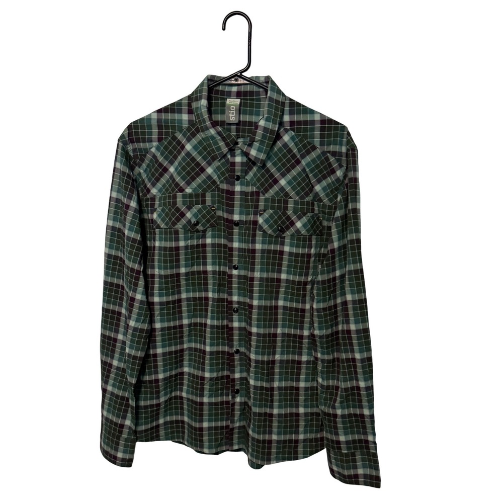 Stio Eddy Shirt Mens Medium Green Purple Plaid Long Sleeve Pearl Snap Western